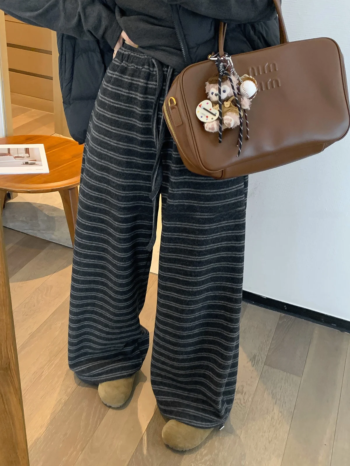 

Женские повседневные брюки с высокой талией, в полоску, на шнурке, свободные, широкие, длинные, винтажные, осенне-зимние