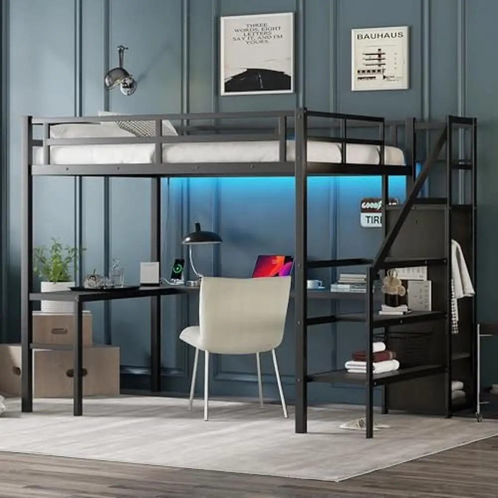 Full Size Metal Loft Bed with Desk Wardrobe Storage Stairs LED Charging Industrial Style 350 LBS Capacity USB Port Ravishing