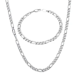 U7 Stainless Steel 5mm Figaro Chain Necklaces Bracelets Set for Man Woman Classic 16-30 Inches Necklace Chain Jewelry Set Gift