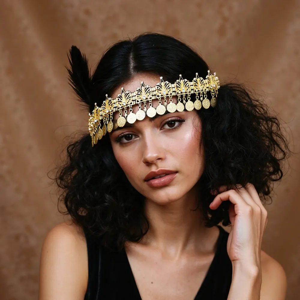 Goldfarbener klassischer algerischer traditioneller Schmuck für Damen, Haarkette, Haarband, Halskette, arabisches Hohlmuster