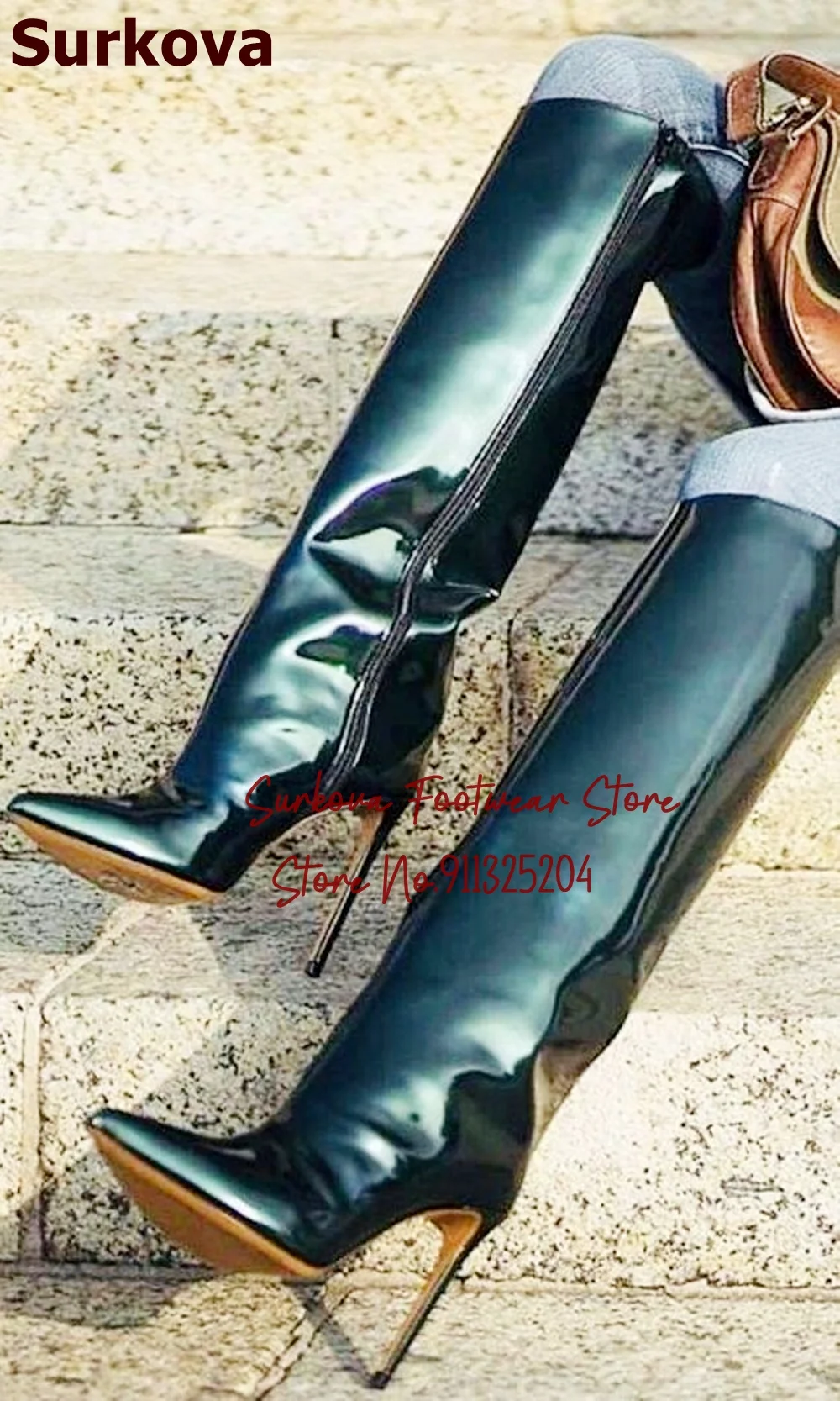 

Surkova Black Patent Leather Stiletto Heel Knee High Boots Pointed Toe Long Zipper Tall Boots Sexy Fall Winter Dress Shoes