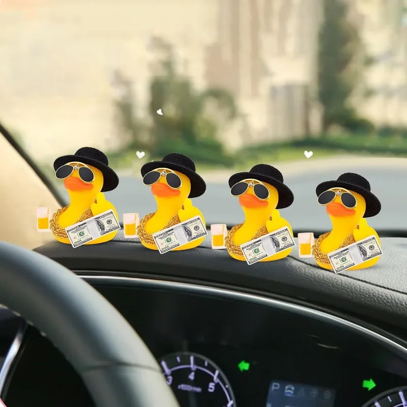Rubber Duck Car Ornament Squeaky Duck Cool Car Accessories Dashboard Decorations with Dollars Beer Glasses Gold Chain