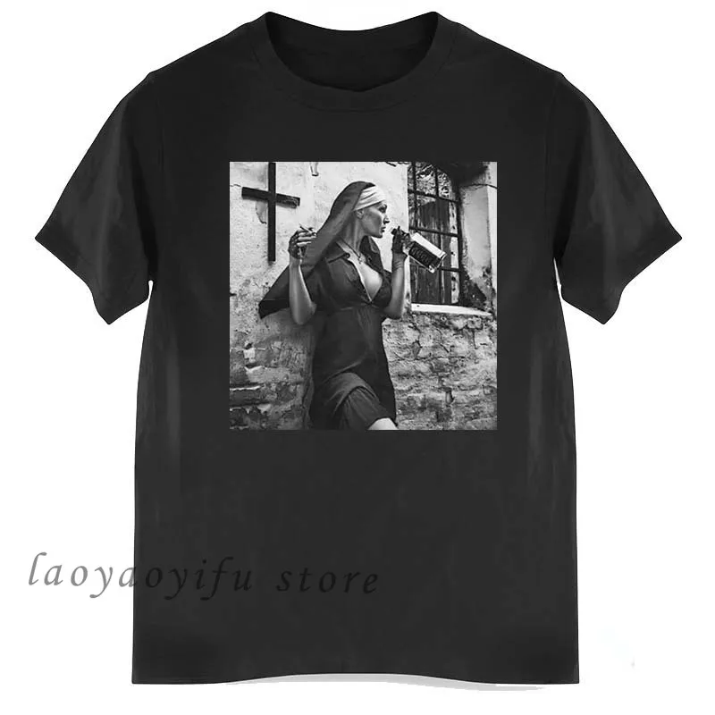 Nun Smoking Amp Drinking TShirt Bad Girls Popular Streetwear Women Men Harajuku Hip Hop Tops Oversized T Shirt  Retro T Shirt