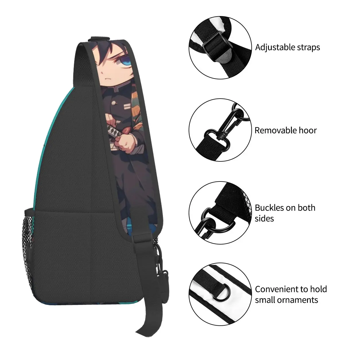 Giyu Tomioka Anime Crossbody Sling Bag, mochila de ombro Demon Slayer, saco de peito legal, mochila para caminhadas, ao ar livre, ciclismo, Bookbag