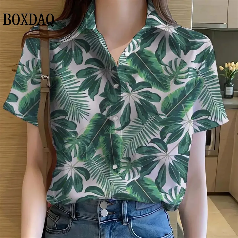 

Womens Shirts Tropical plant leaves 3D Printed Casual Hawaiian Short Sleeve Button Beach Shirt Summer New y2k Women's Clothes