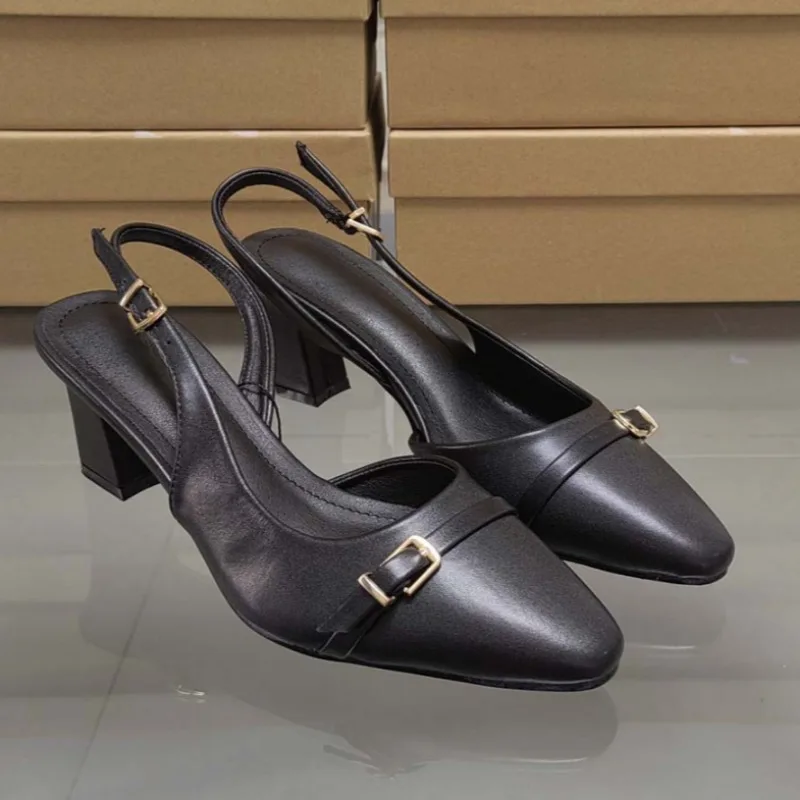 Designer Autumn High Heel Shoes for Ladies Vintage Black Square Head Belt Buckle Decoration Plus Size Professional Women\'s Pumps