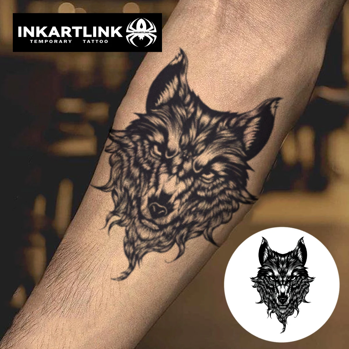 

INKARTLINK Wolf Head Tattoo Patch 1-2 Weeks Long lasting Realistic Hair Details Waterproof Temporary Tattoo Arm Decoration