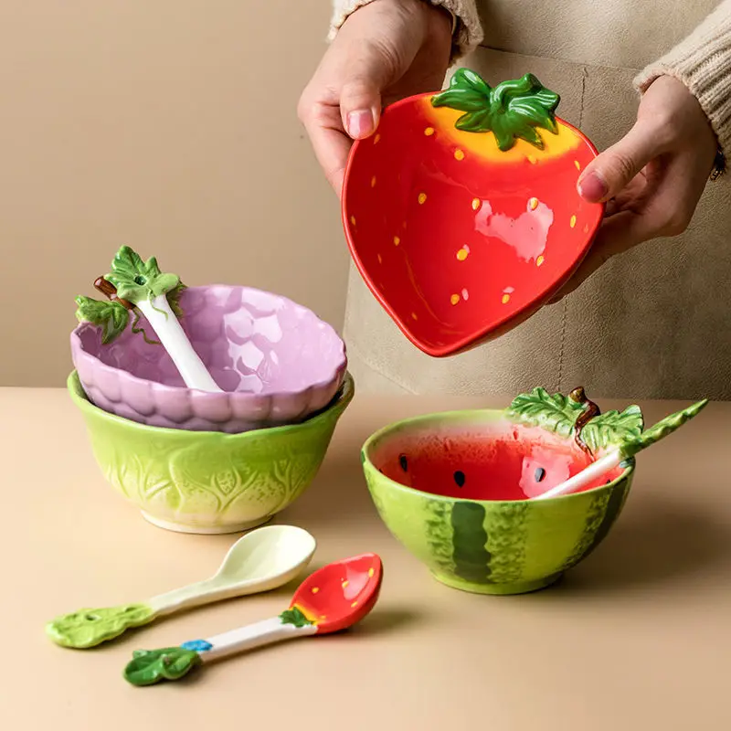 Ceramic Fruit Salad Bowl with Spoon Cartoon Vegetable Tableware Eating Rice Bowl Serving Bowl Strawberry Bowl Noodle Bowl 300ml