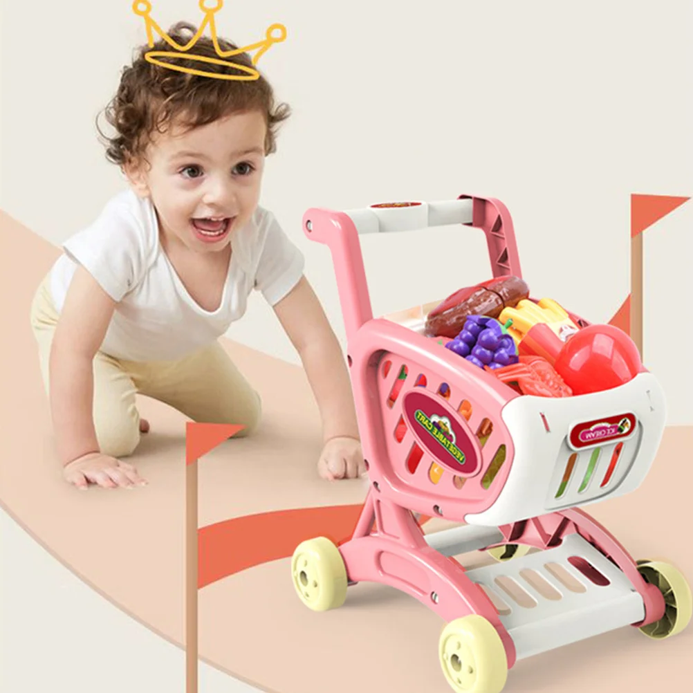 Carrito de compras para niños pequeños, estante de almacenamiento para muñecas, comestibles para bebés, azul