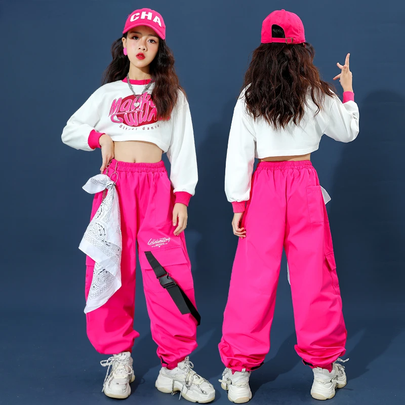 Ensemble haut court et pantalon cargo Hip Hop pour filles, sweat-shirt enfant, jupe à carreaux, streetwear enfant, costume de danse de rue, pom-pom girl jazz