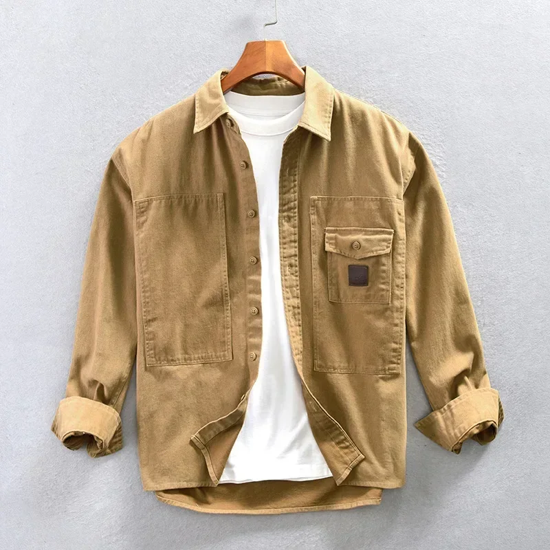 

Japanese Style Cargo Shirt Men Spring Autumn Streetwear Mens Long Sleeve Shirts 100% Cotton Khaki Shirt Loose Vintage Overshirt