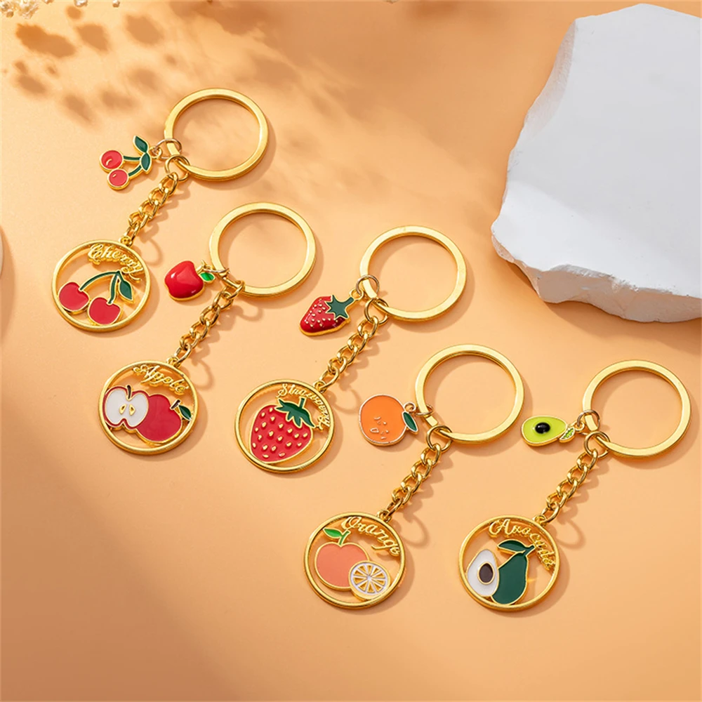 Mini Fruit Keychain Metal Apple Strawberry Cherry Oranges Pendant Keyring DIY Handbag Pendant Accessories Friend Gift