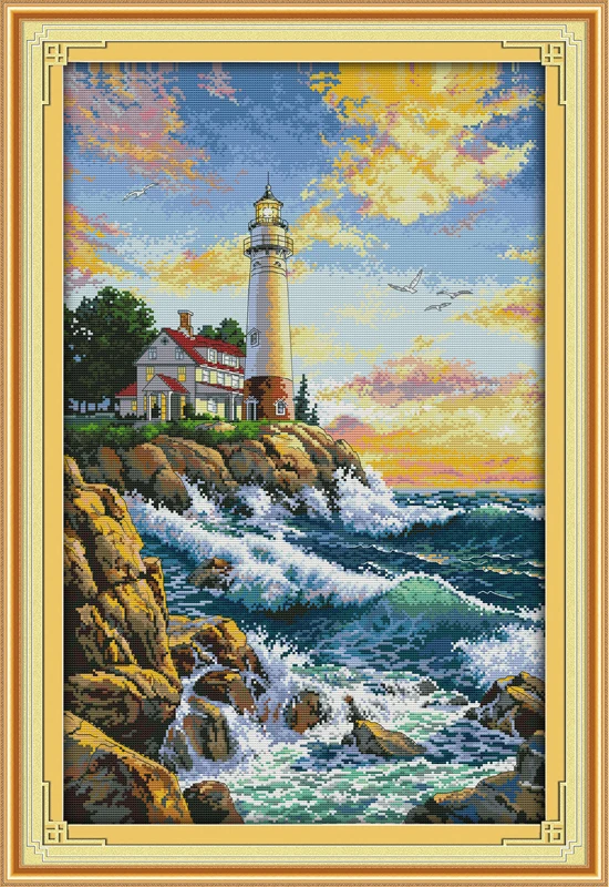 Lighthouse (4) cross stitch kit sea side 14ct count printed canvas 11ct fabric x stitching embroidery DIY handmade needlework