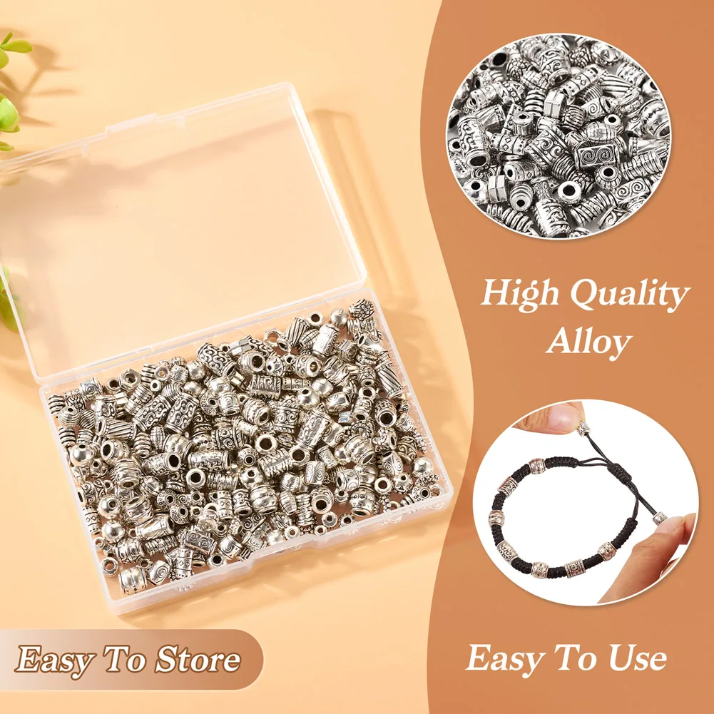 300pcs Antique Silver Color Tibetan Style Alloy Beads Loose Spacer Charm Beads for Necklace Bracelet DIY Jewelry Making Supplies