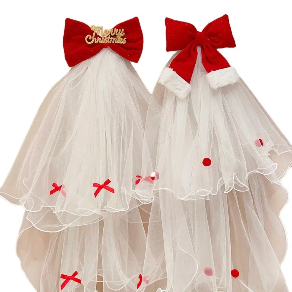 Elegant Red Christmas Veil Headband Velvet Hair Band Bridal Tulle Photo Props Mesh Bow Veil Birthday Headdress