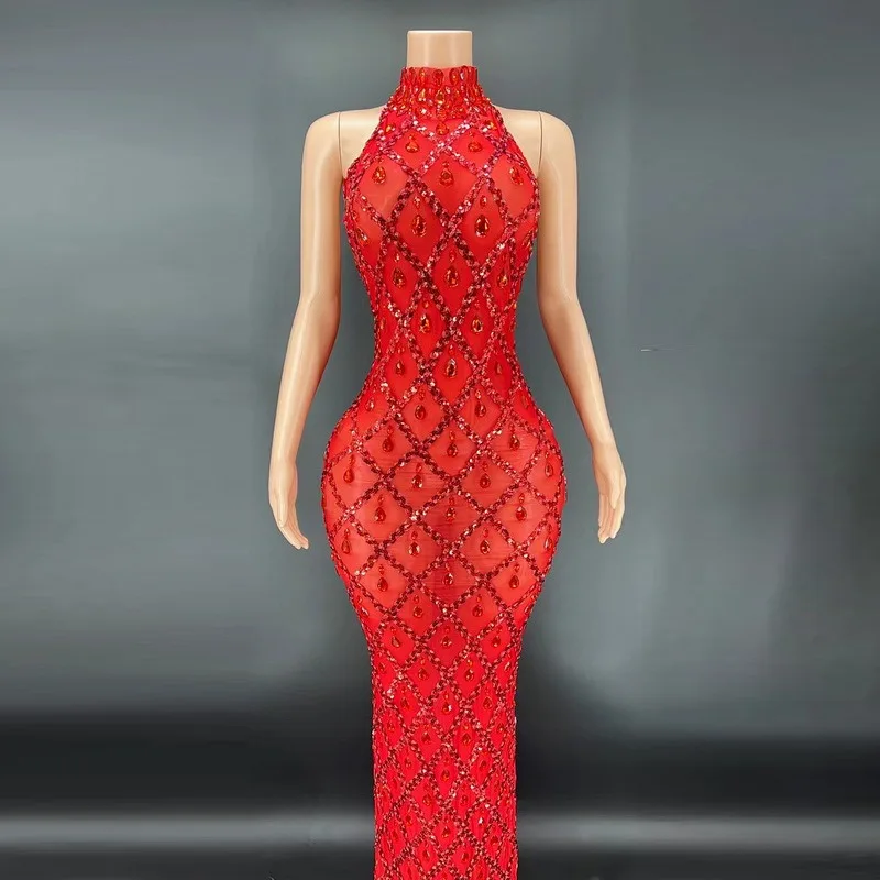 

Customized Red Background Red Diamond Dress Nightclub Bar Female Singer DJDSgogo Performance Costume Stage Dress for Women