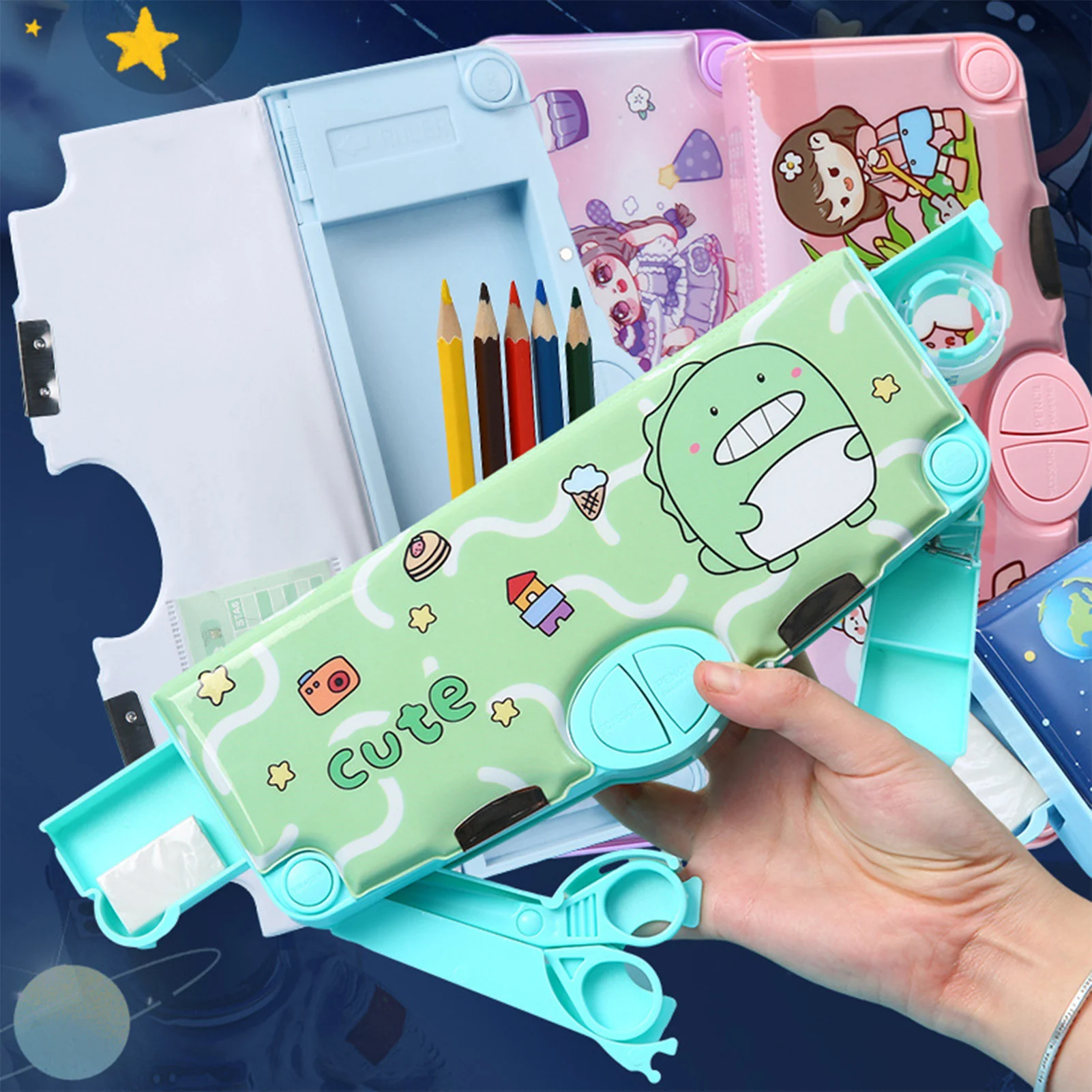 Kids Cute Cartoon Pen Box Organizer Pencil Box with Pencil Sharpener Scissor Birthday Gifts for Kids Teens