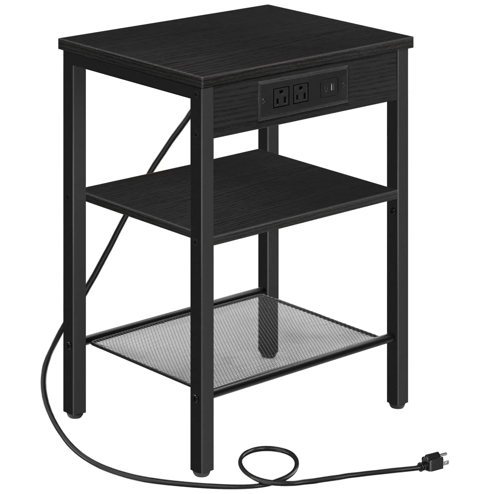 

Black 3-Tier End Table With Built-In Power Outlets And USB Ports, Mesh Bottom Shelf For Living Room Or Bedroom