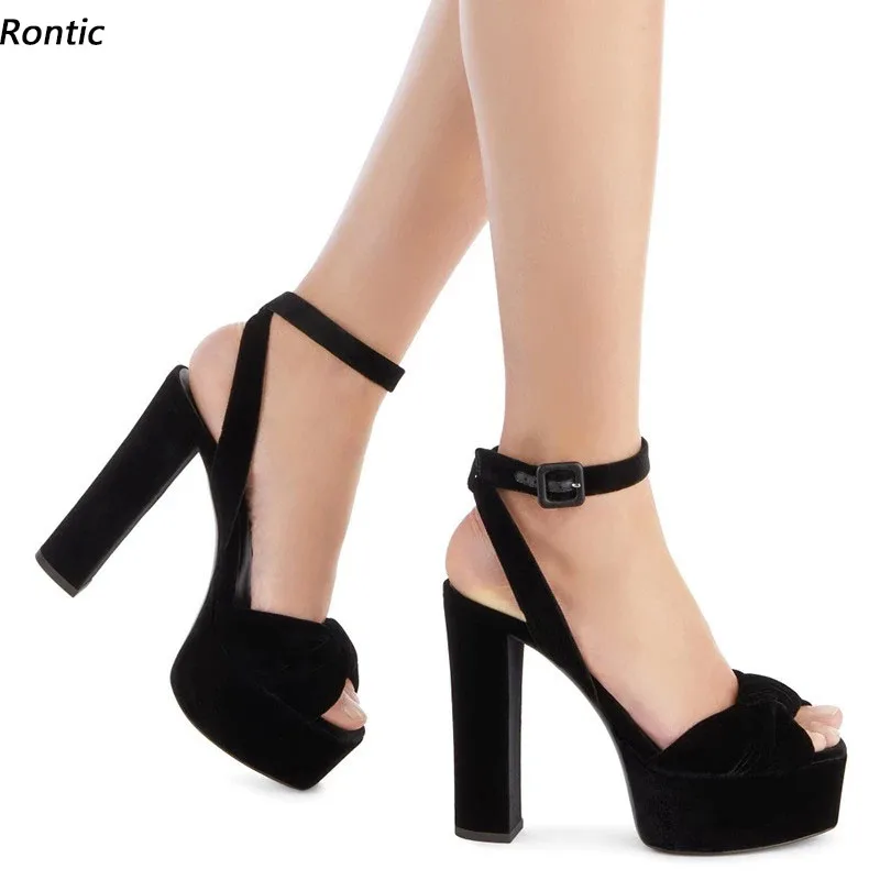 Rontic, sandalias de plataforma hechas a mano con cambio de Color para mujer, tacones de bloque de ante Unisex, punta abierta, zapatos informales negros elegantes, talla estadounidense 5-20