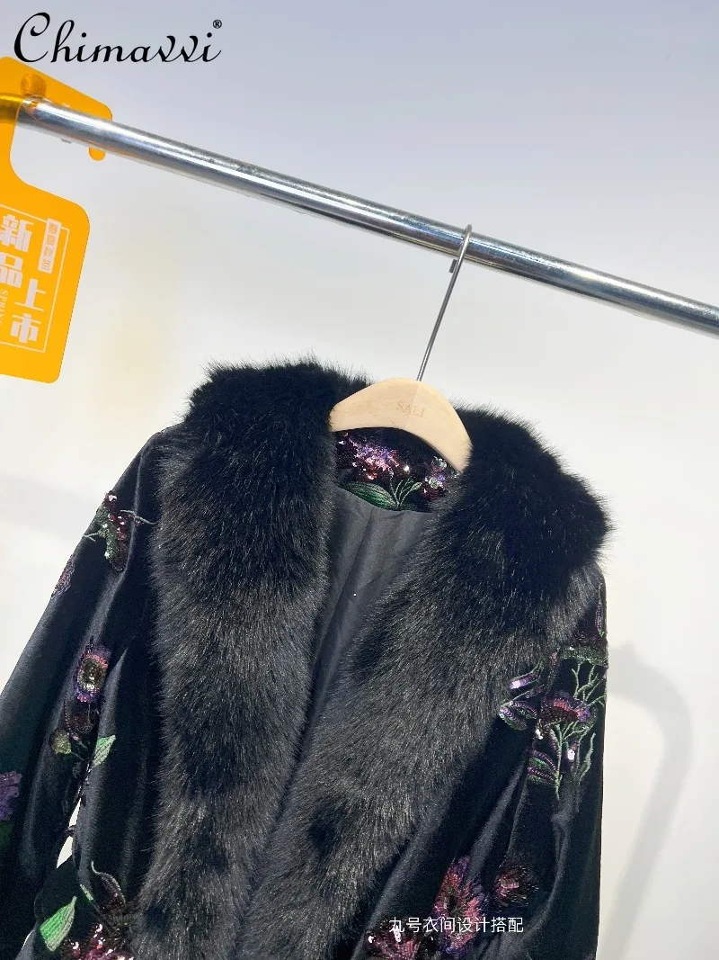Abrigo de visón europeo de terciopelo Retro de estilo chino para mujer Otoño Invierno nueva chaqueta de piel holgada de longitud media con lentejuelas bordadas pesadas