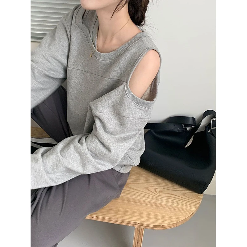 Spring Autumn Round Neck Off the Shoulder All-match Casual Sweatshirt Ladies Hollow Out Solid Color Top Women Oversized Pullover