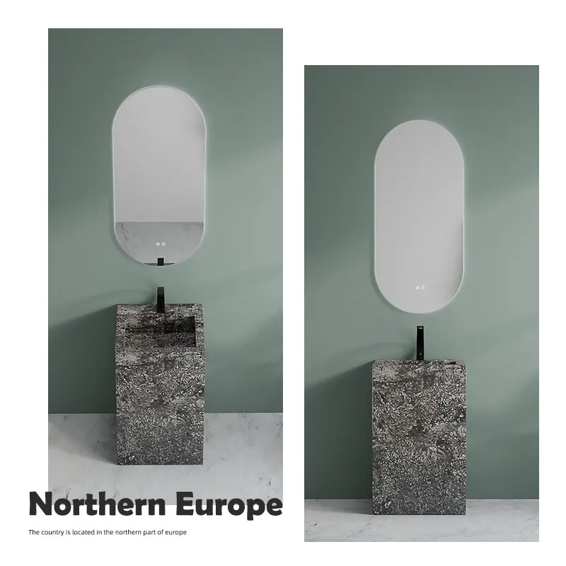 Popular Luxury Sintered Stone Freestanding One Piece Lavatory Wash Basin With LED Mirror