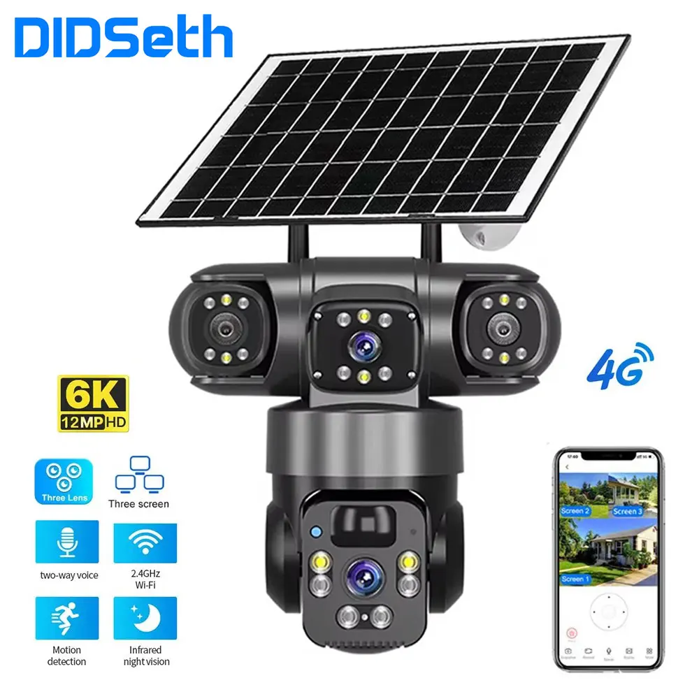 

DIDSeth 4G Solar Camera Outdoor 12MP Triple Lens CCTV 8W Solar Panel Battery PIR Human Detection IP66 Night Vision Security V380