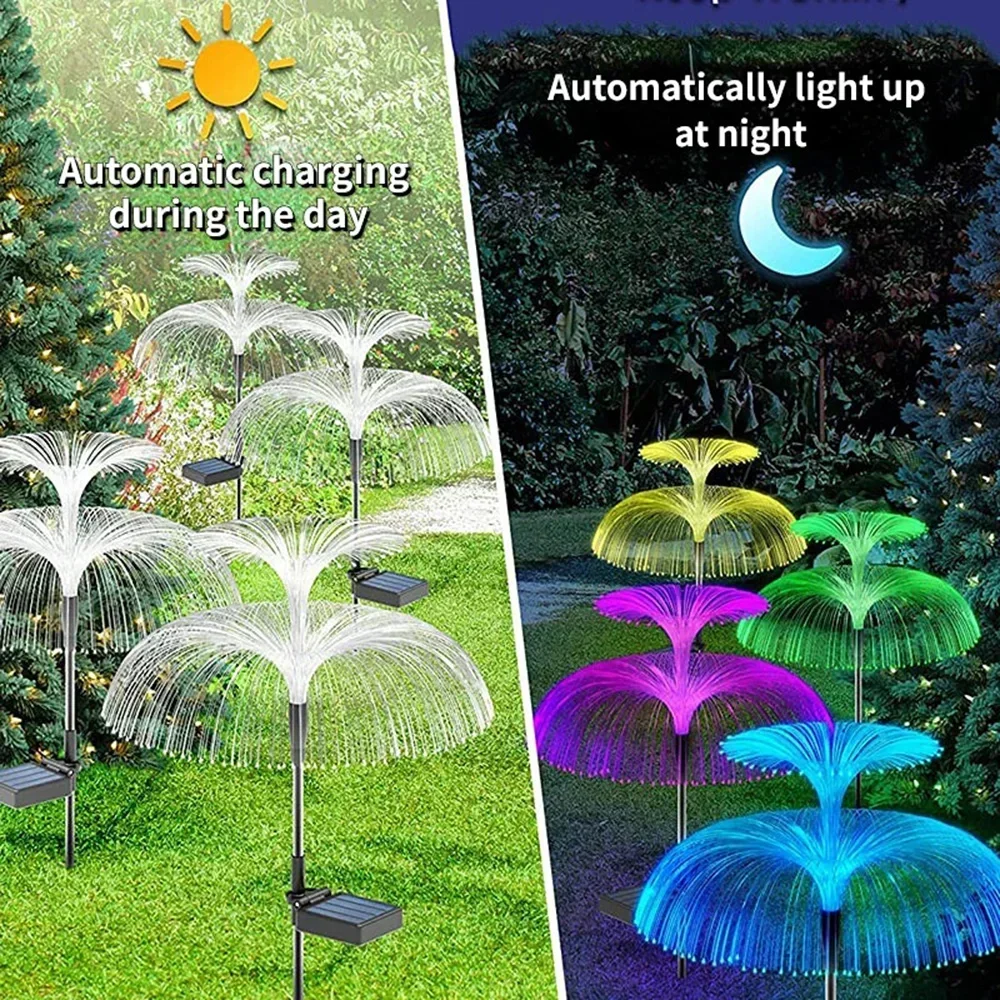 Luz Solar de doble medusa para jardín, lámpara LED de fibra óptica, decoración impermeable para exteriores, 7 colores degradados