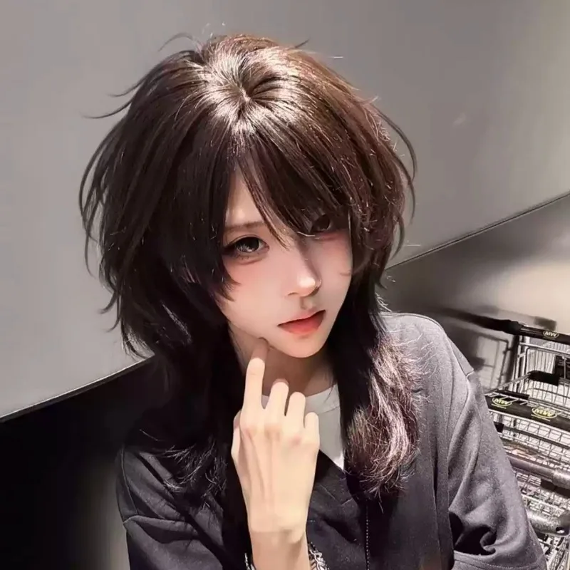 Y2K Neutral Dark‑Brown Wolf Cut Mullet Synthetic Wig for Men Women Fluffy Full Head Wig Teen Hairstyle for Daily Street Party