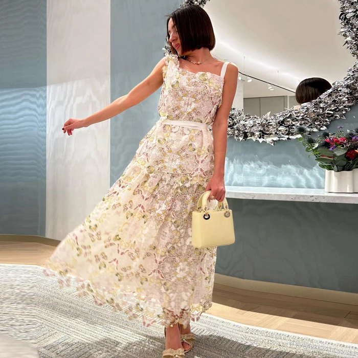 

Elegant Embroidered Lace Hollow out Vintage Shoulder Bared Top And Skirt Set Fashionable Women's Clothing