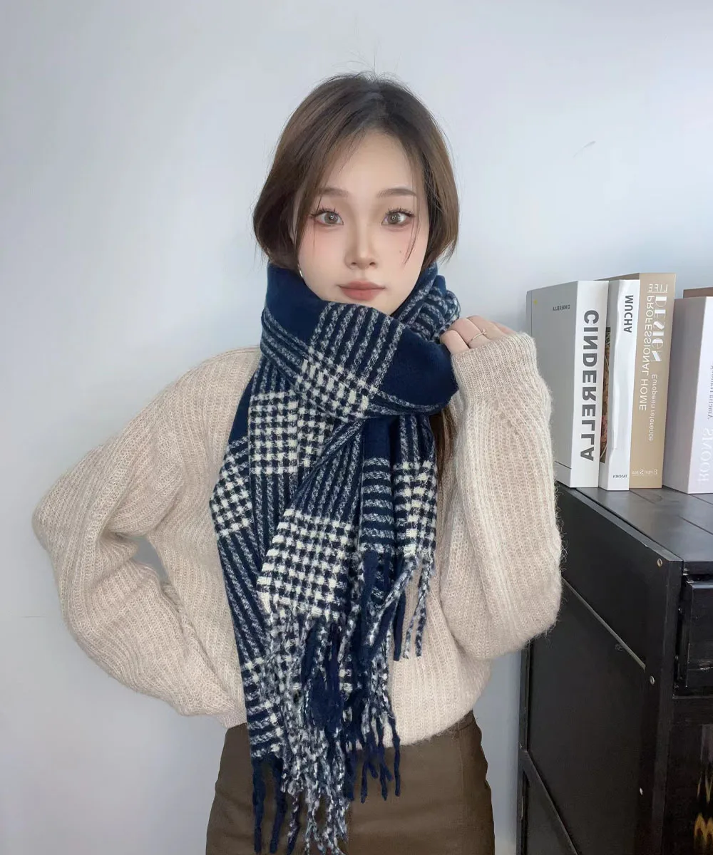 

Women Winter Fashion Cashmere Imitation Long Scarf Plaid Warm Soft Thickening Shawl Scarves Accessories With Tassel