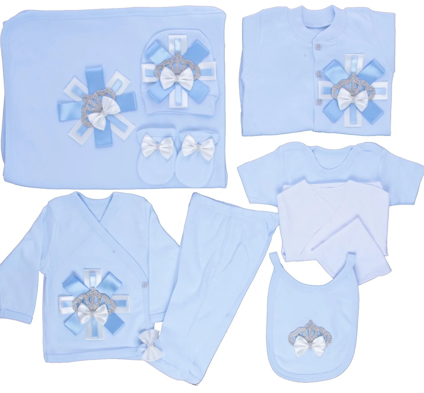 High Quality Modern Knitted Rompers Regular 10 Pieces Long Sleeve Blue Baby Boy Romper Set Newborn Clothes Set Baby Blanket