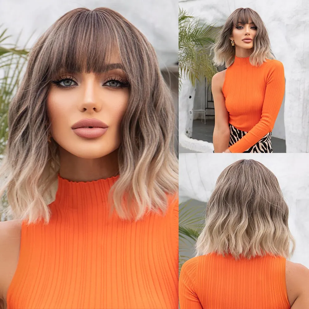 Graue gewellte Bob-Perücken für Damen mit Pony, kurze blonde Ombre-Synthetikperücke mit dunklen Wurzeln, natürliches Haar für den täglichen Gebrauch