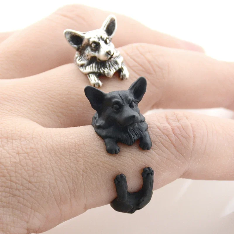 Vintage Cute Welsh Corgi Dog Metal Wrap Rings for Women Animal Couple Finger Adjustable Rings Men Jewelry Gift