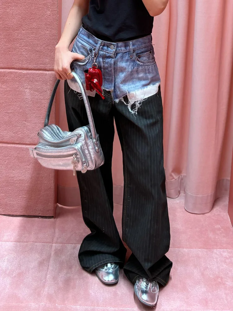 

Джинсы в американском стиле с 3D-принтом для женщин, летние, с эффектом двухслойности, в полоску, с имитацией двух частей, длинные брюки в пол