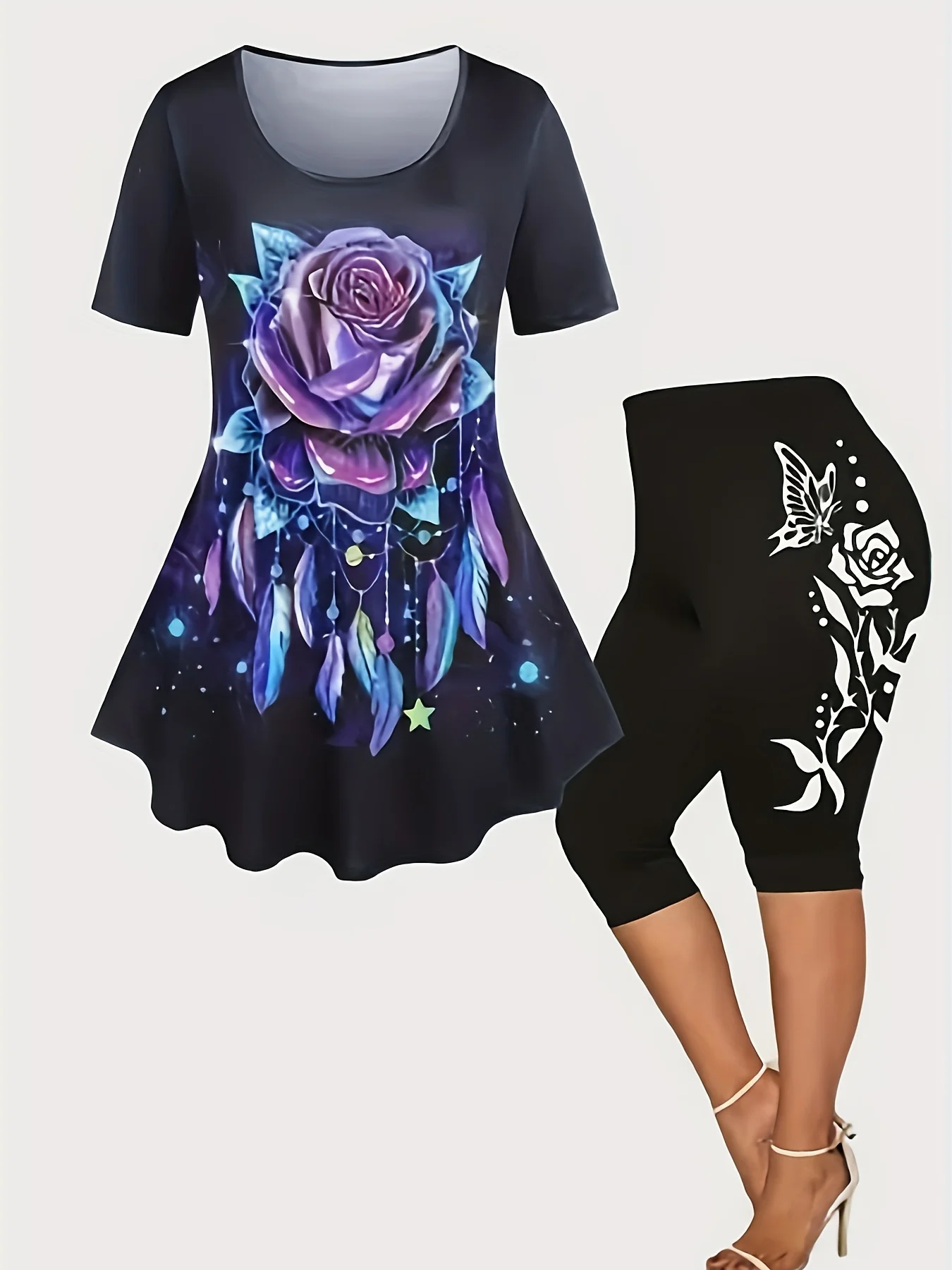 Plus Size kostium damski nowe letnie damskie gorące wyprzedaże czarne Oversize casualowe spodnie z nadruk z różą koszulką w kwiaty dwuczęściowy garnitur