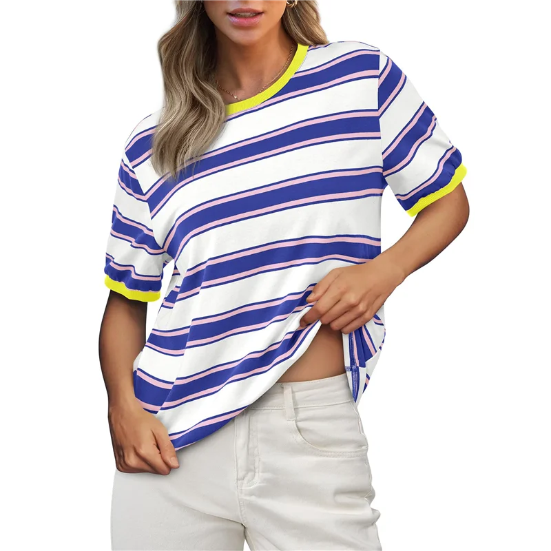

Hot!Womens Summer Tops Striped Color Block Short Sleeve T-Shirts Crewneck Casual Loose Basic Tee