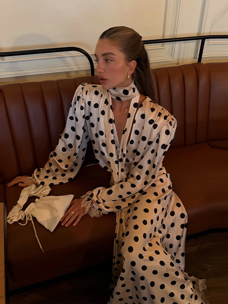 Chic Polka Dot Women Skirt Set With Ribbon V-neck Long Sleeve Shirt Long Mermaid Skirts 2026 Summer Holiday Two-Piece Outfits image 4