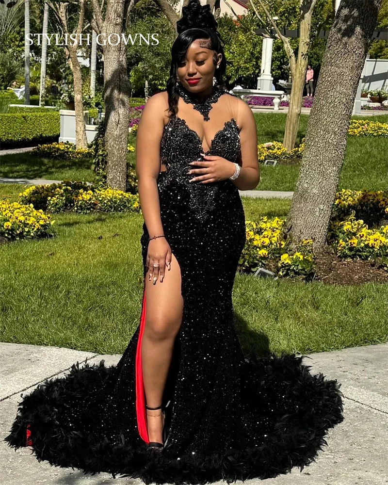 

Sparkly Black Sequin Black Girl Prom Dresses Long Bead Crystal 2024 Birthday Luxury Dress Feather Split Evening Gown Customized