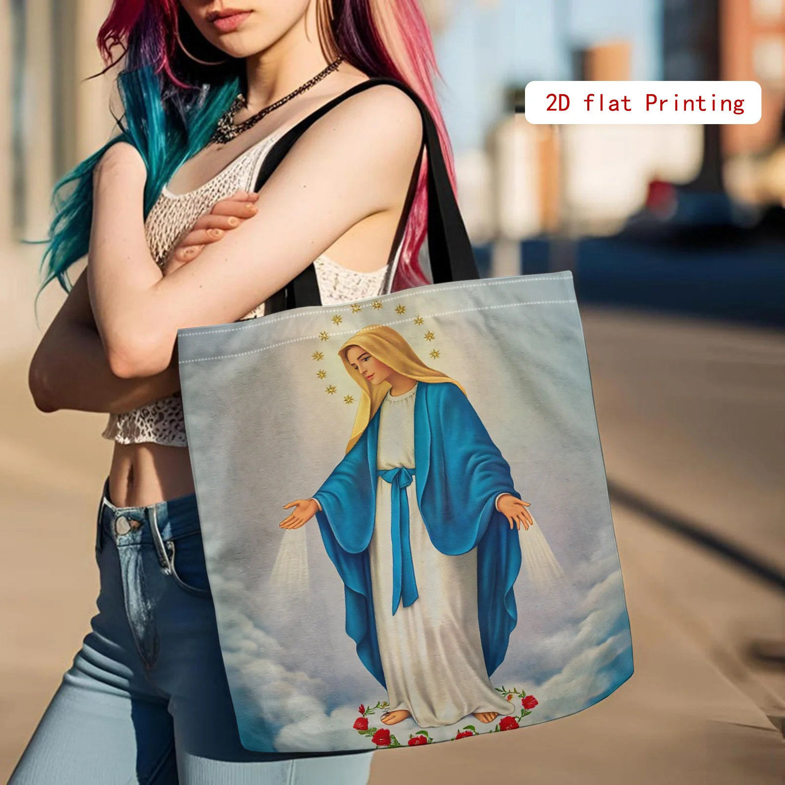 Elegante Damen-Tragetasche „Jungfrau Maria und Jesus Christus“, religiöse Tragetasche – große Kapazität, wiederverwendbare Handtasche für Kirchenveranstaltungen, für den täglichen Gebrauch – Detail 2