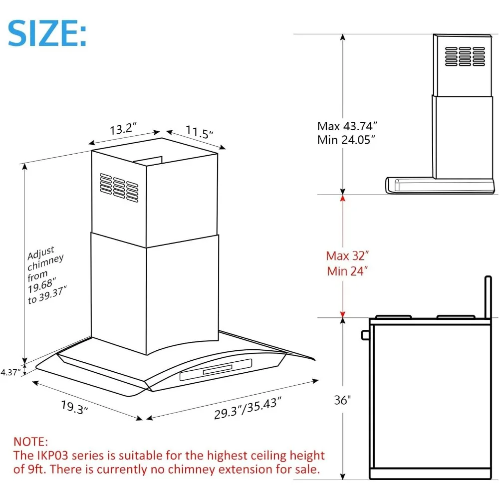 Campana extractora de montaje en pared de 30 pulgadas, vidrio templado 900 CFM, Ventilación de chimenea de cocina, acero inoxidable con detección de gestos