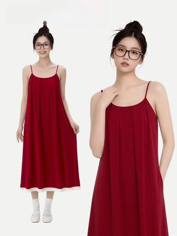 Pinkbread Summer Thin Soft Cotton Nightgown Women's Home Clothes Red Pure Cotton with Chest Pad Can Be Worn outside Home