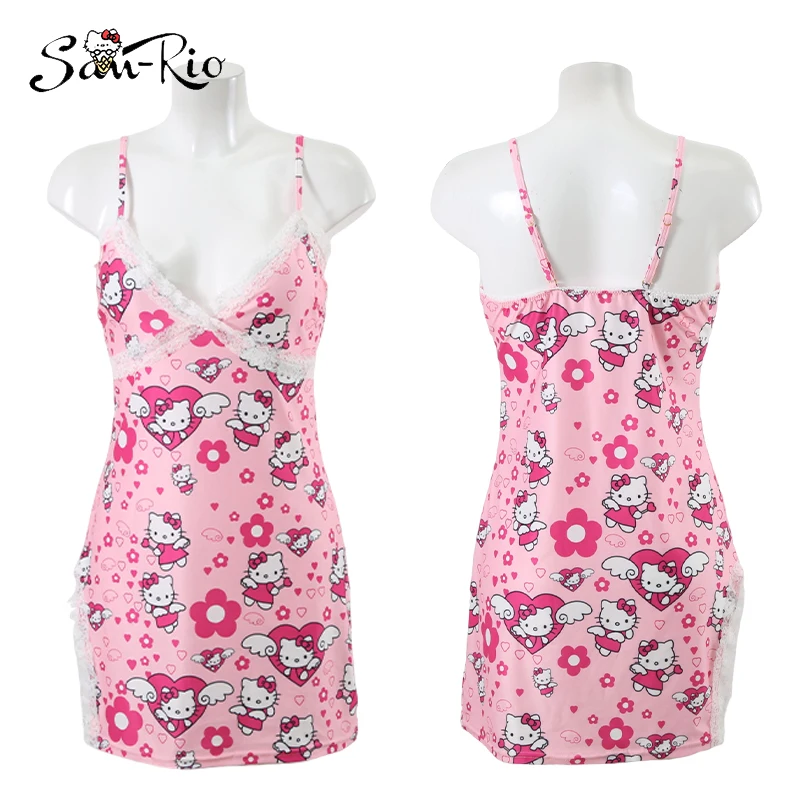 

Hello Kitty Women's Pajamas Cartoon Print Women Nightdress Suspender Dress Comfortable Round Neck Backless Slip Dress Nightgown