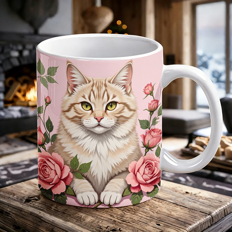 

Sweet Floral Kitty Ceramic Mug, Coffee Cup, Milk Cup, Office Tea Cup, Gift for Friends, Fade-Resistant