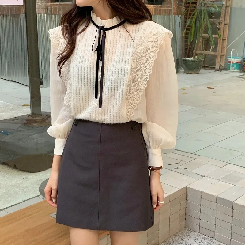 Sweet Crochet Lace Shirt Women's Shirt 2022 New Spring/Autumn Chic Fashion Stand-up Collar Ladies Top Bottoming Shirt EGirl Y2k