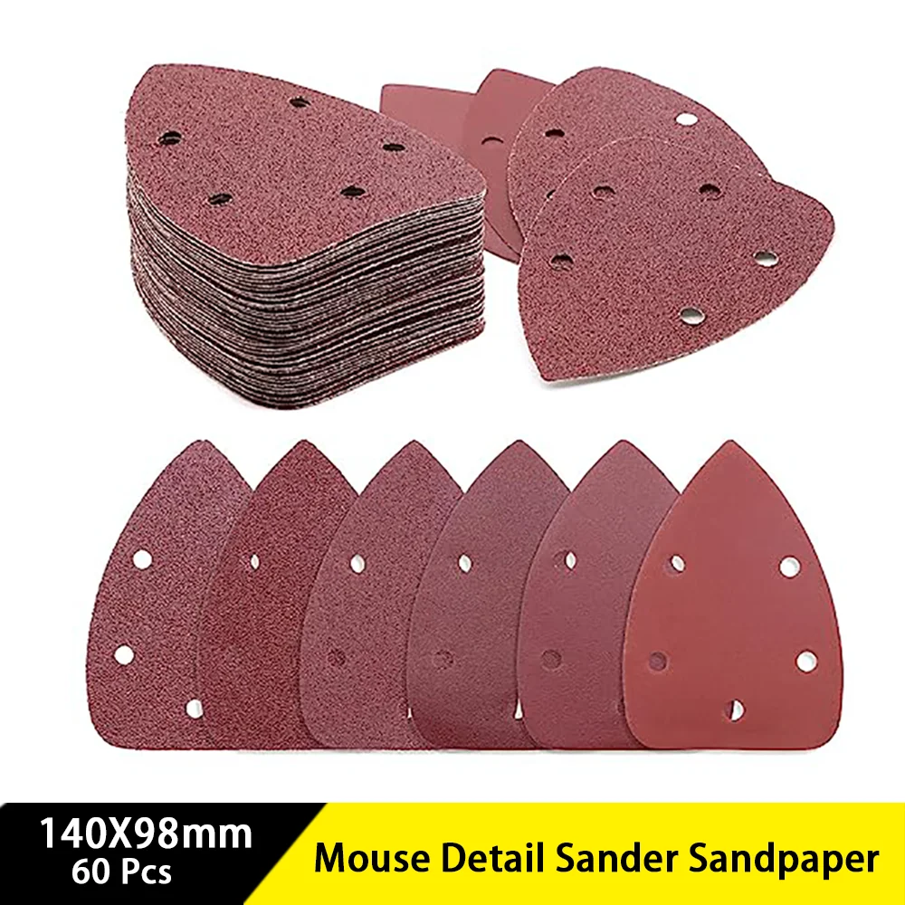 

140 x 98mm Mouse Detail Sander Sandpaper 60 Pcs Hook and Loop Sanding Sheets Assorted 40/60/80/120/240/320 Grit for Polishing