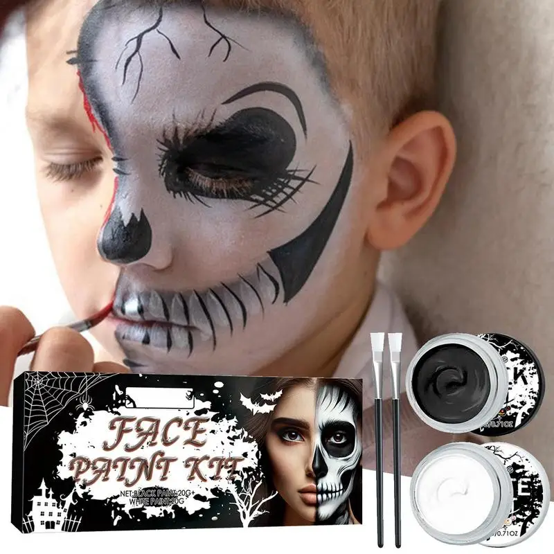 Black White Face Paint Professional Paint Palette Kit With Brushes Large Capacity Facepaint Clown Skeleton Vampire Makeup Kit