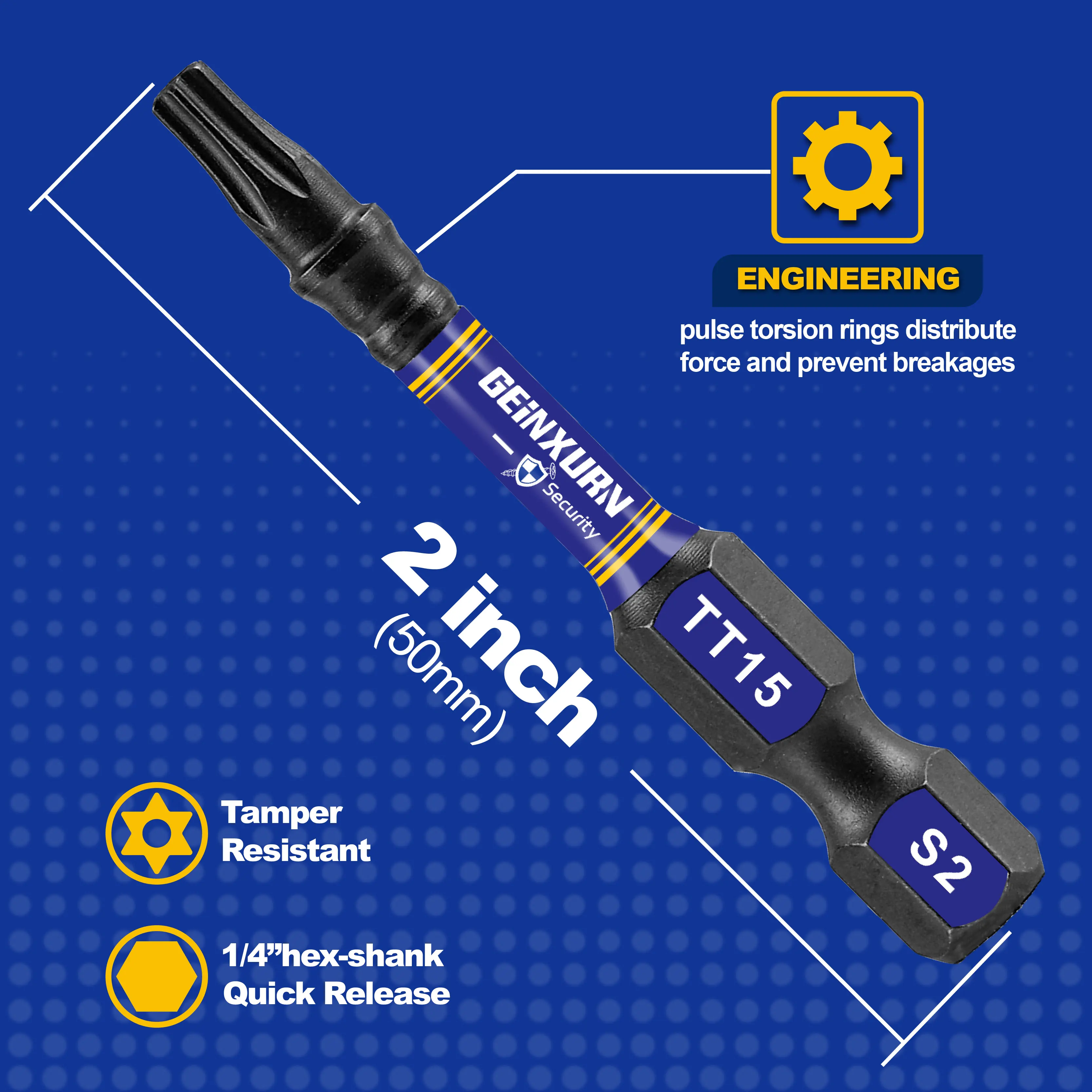 Geinxurn 2 In.Impact Tough Magnetic Power Bit Set,Security Torx Head Power Bits,S2 Alloy Steel Star TT15 Screwdriver Bits Set