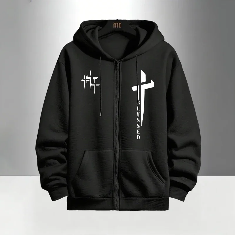 Immagine 6: Tuta da uomo con stampa Cross Blessed, felpa con cappuccio e zip e pantaloni neri, set casual urbano alla moda
