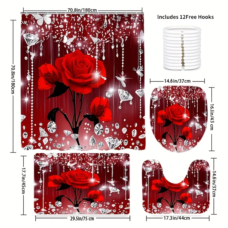 4Pcs Red Glitter Rose Shower Curtain Set, Elegant Bathroom Decor with 12 Hooks, Non-slip Mat & U-Shape Toilet Pad  Luxury Gift